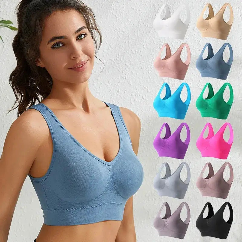 Plus-size wide-strap seamless wireless bralette in blue; crop top with no padding and other color options.