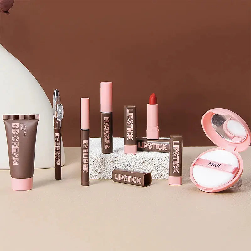 LuxeCosmetics Holiday Glow Nine Lipsticks Set With Powder BB Cream Eyebrow Pencil Mascara Eyeliner Christmas Makeup Kit