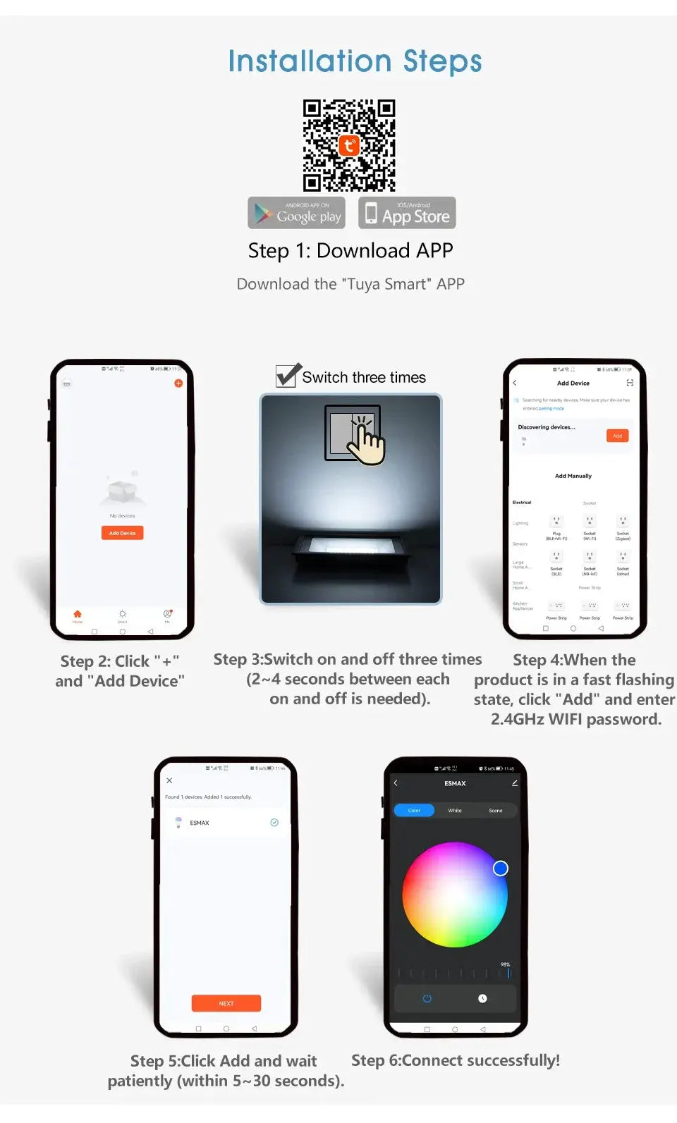 Simples Market LED smart ceiling lamp with RGB color, app remote control and speaker, installation infographic