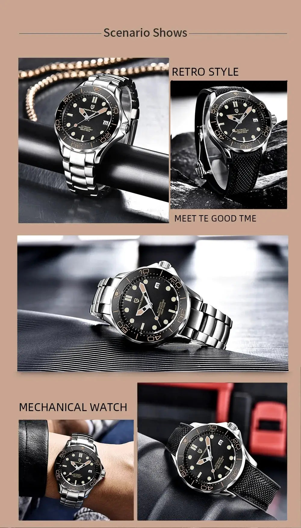 Pagani Design 007 men's mechanical watches collection (5 pcs) with stainless steel and mesh/fabric straps, black dials