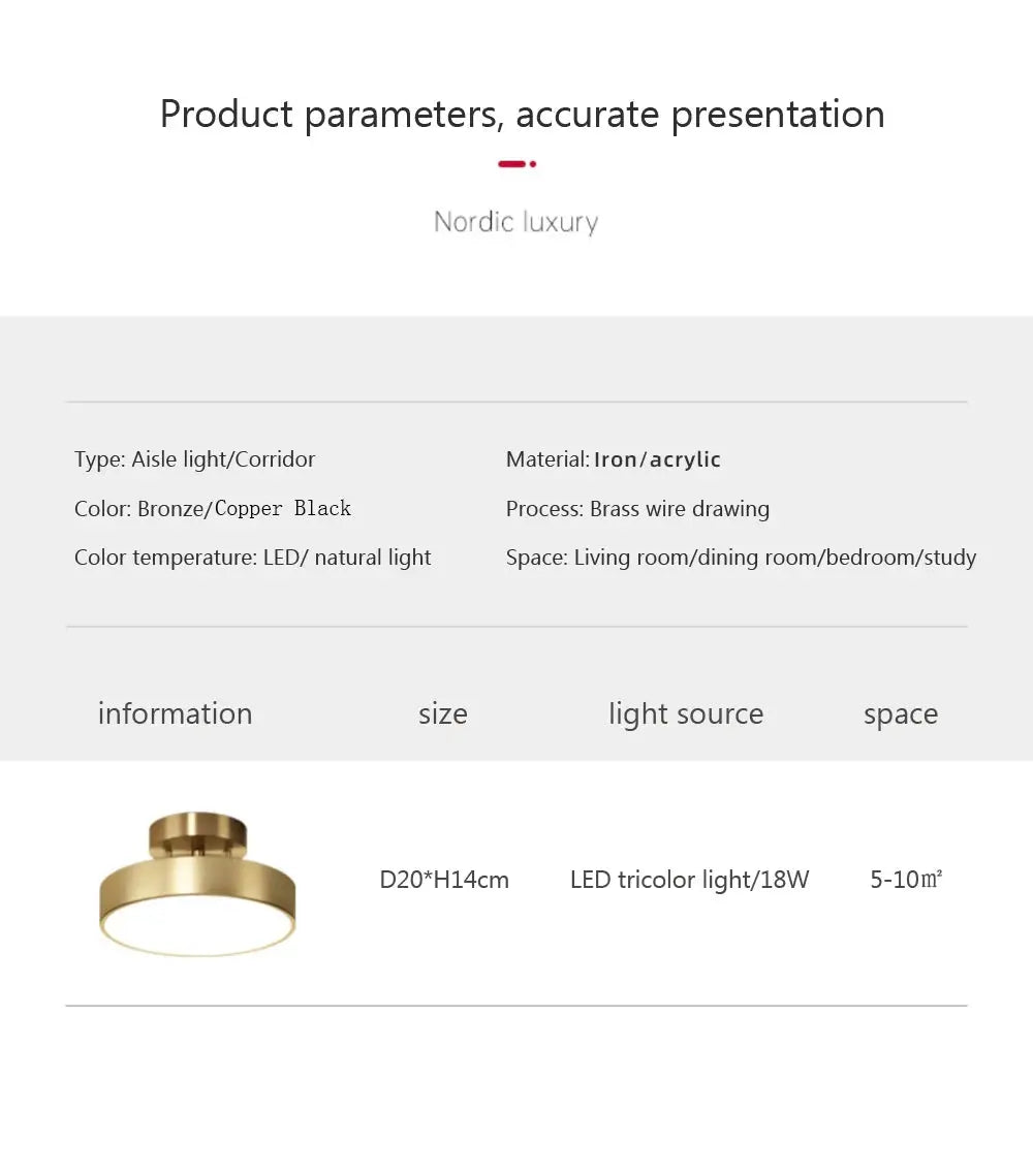 Round copper-gold LED ceiling light, modern Nordic design for bedroom and living room