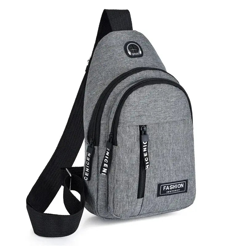 Chest bag grey Oxford cloth crossbody with multiple zip pockets and black strap