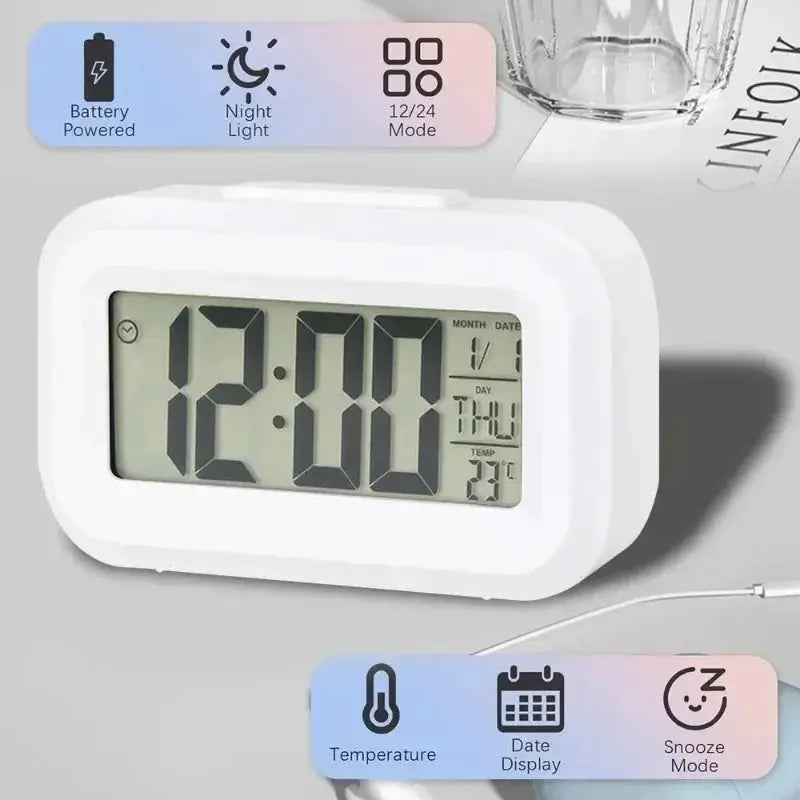 Led digital alarm clock with backlight, large time display, date and temperature; white desk clock