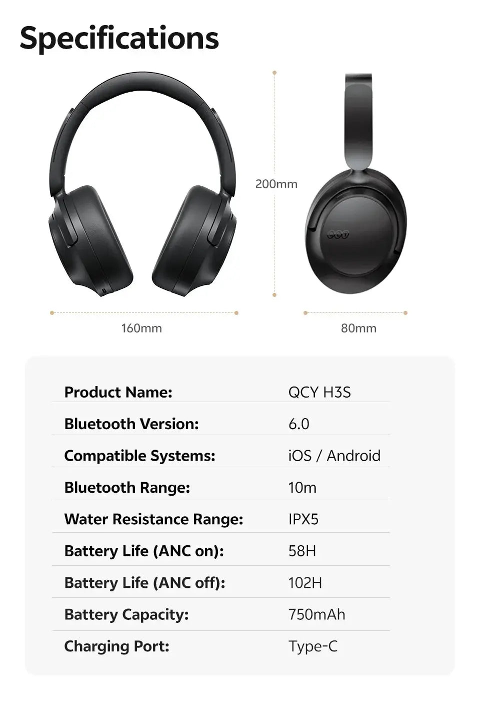 QCY H3S over-ear headphones, Simples Market, black, Bluetooth 6.0, IPX5, Type-C charging