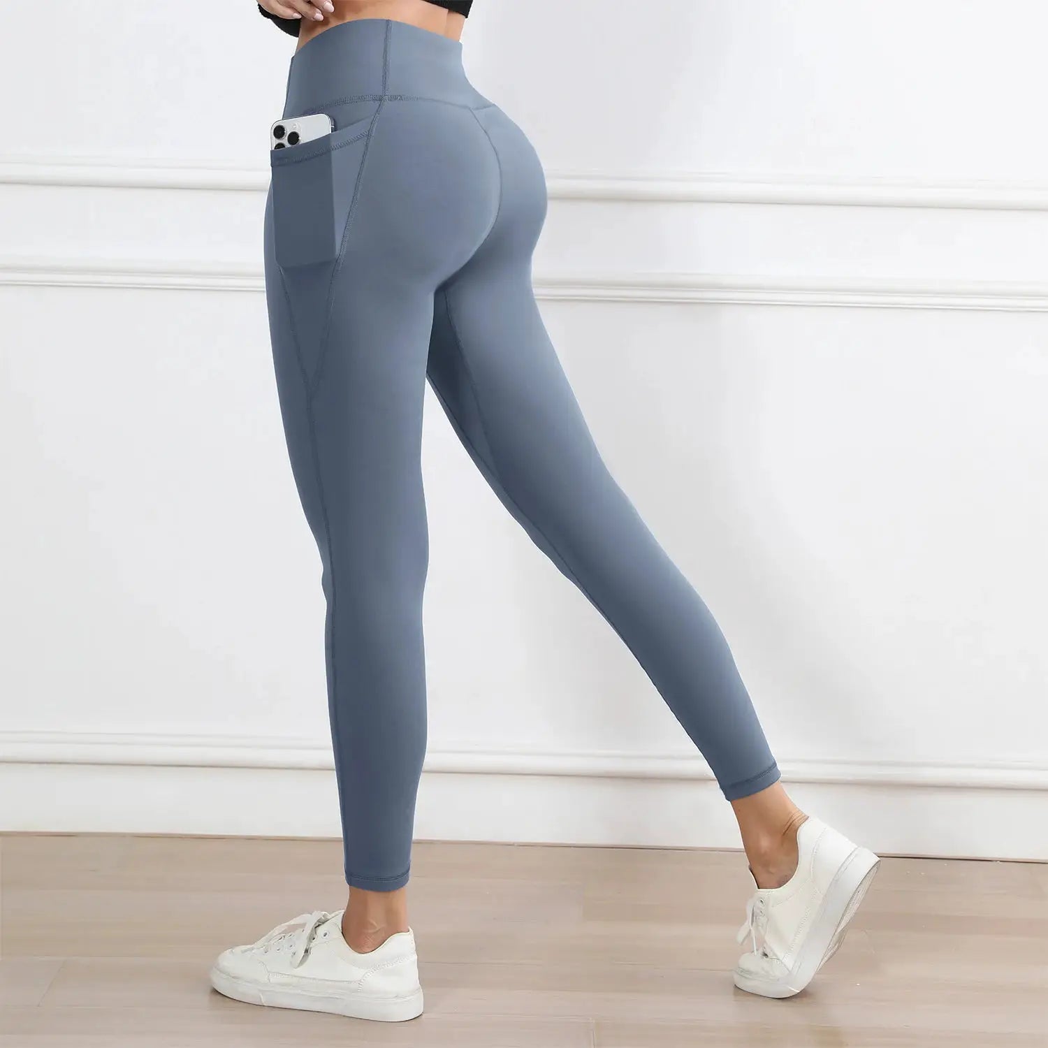 Womens leggings with pockets, blue-gray, high-waist, butt-lifting workout tights by Simples Market
