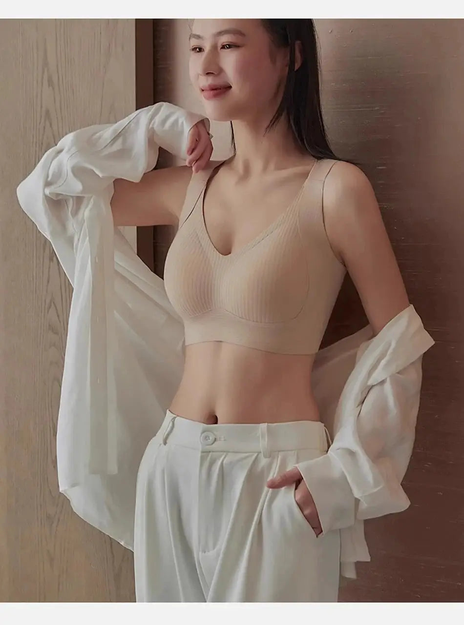 Beige seamless wireless bra for women with ribbed cups and pull-on design