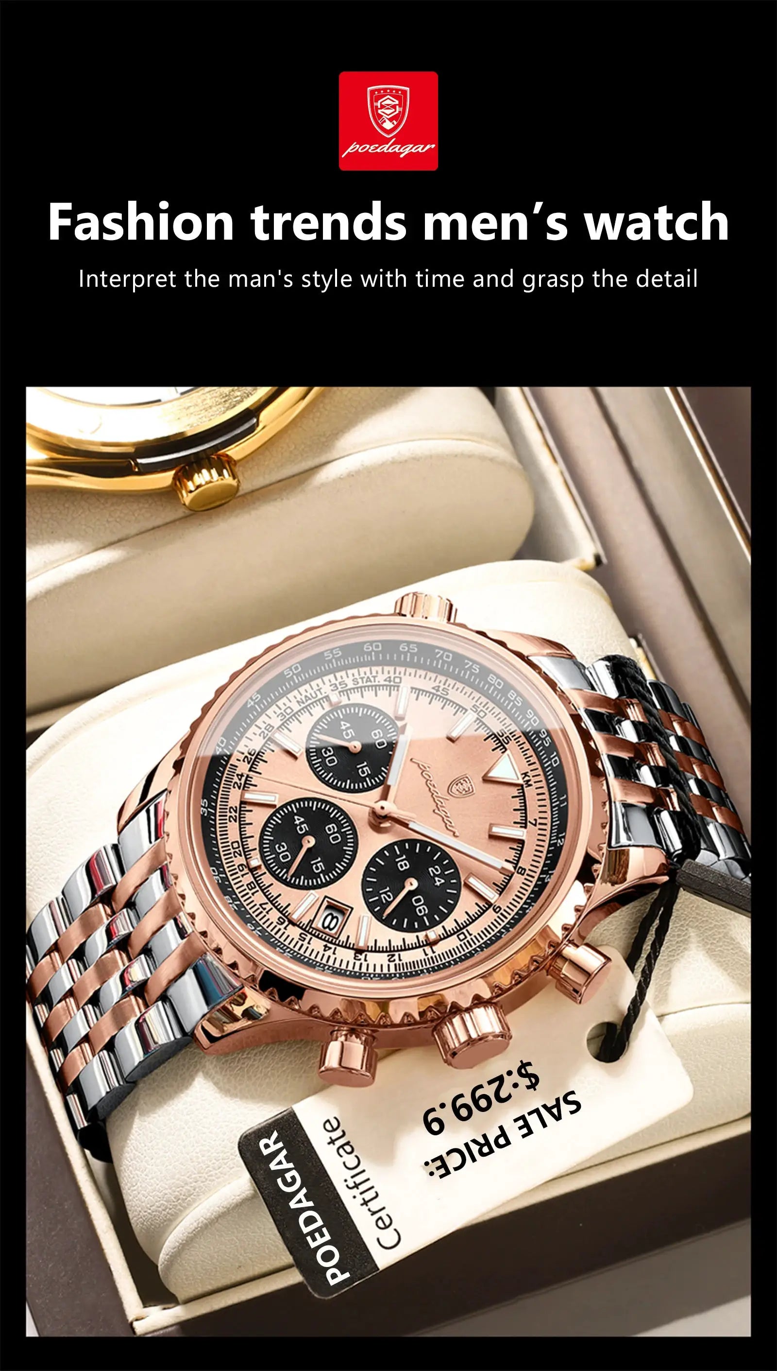 POEDAGAR men's chronograph watch with rose-gold and silver stainless steel bracelet, waterproof, luminous dial