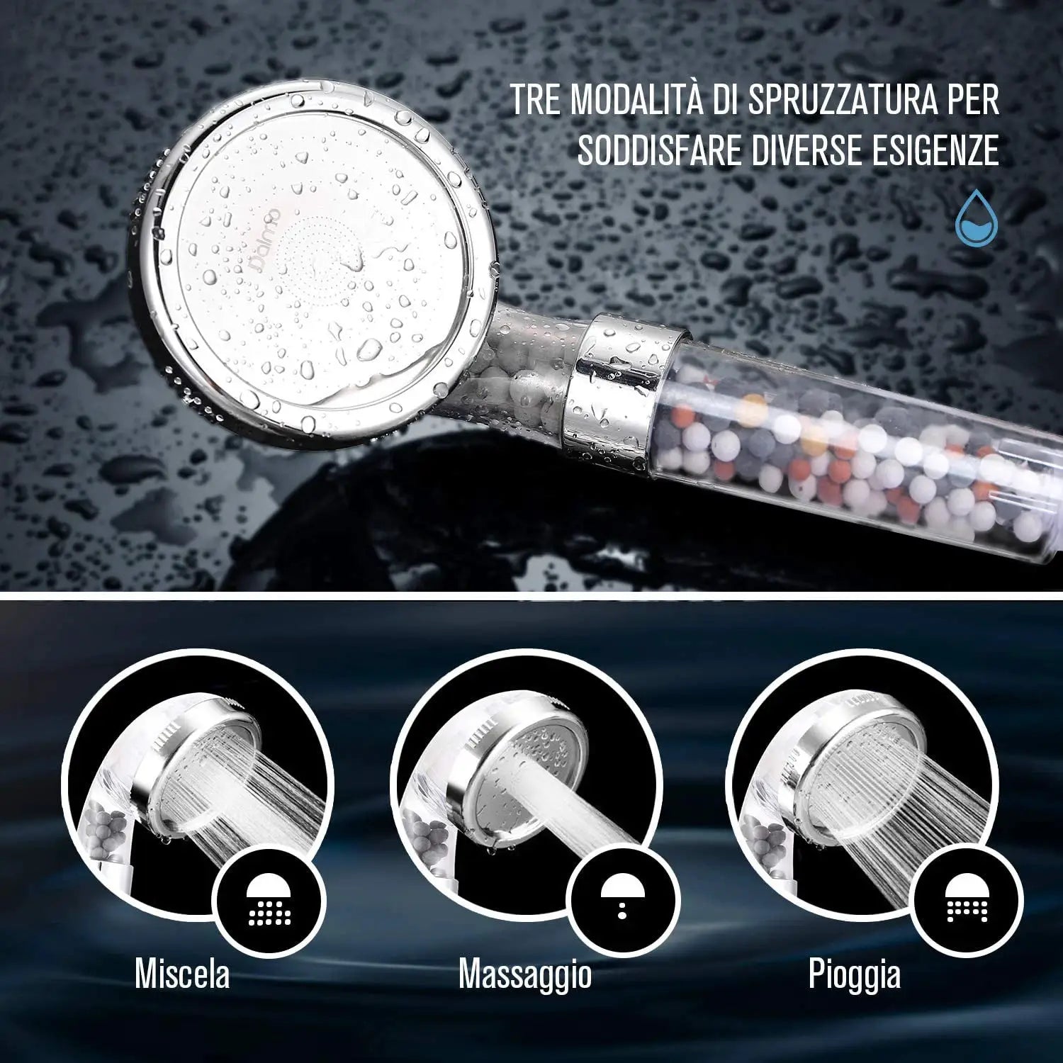 Shower head by Simples Market; three-function handheld chrome finish with bead-filter tube; spray modes: mix, massage, rain.