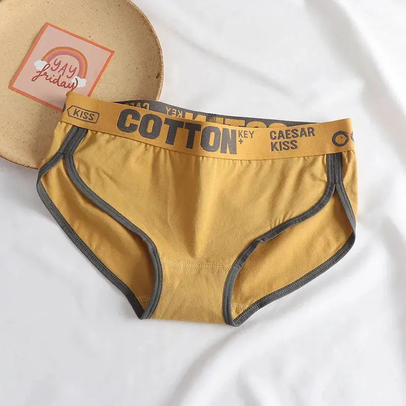 Women’s cotton briefs by Simples Market in mustard with gray trim, breathable antibacterial fabric