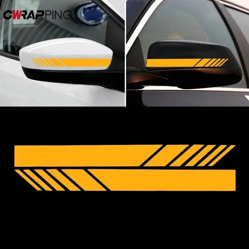 Pair of Simples Market car rearview mirror stripe decals in orange reflective vinyl, waterproof exterior accessory