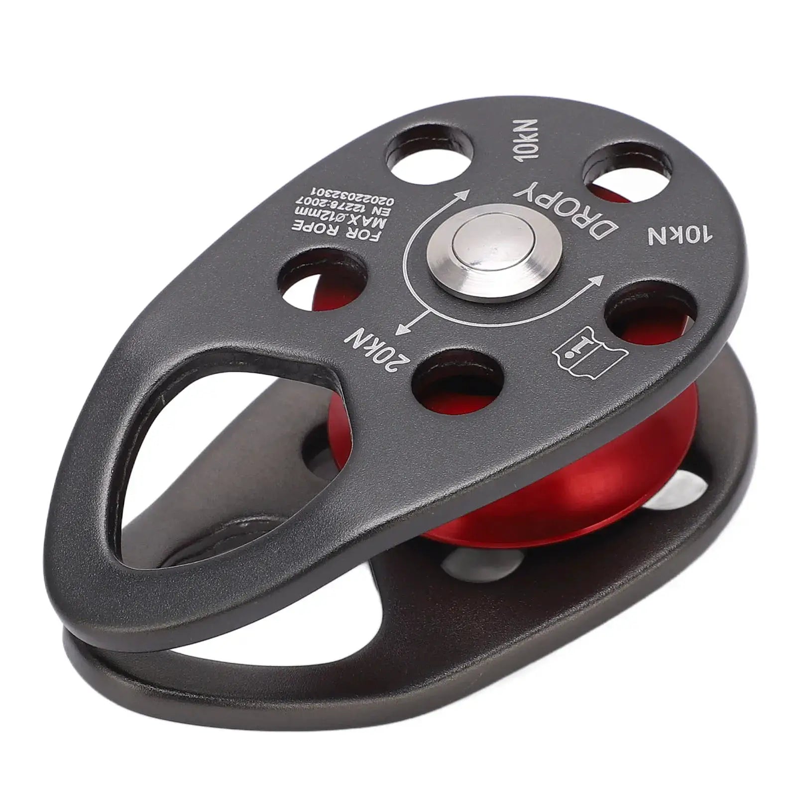 Simples Market portable climbing pulley aluminum alloy single fixed pulley with red wheel and 20KN load rating.