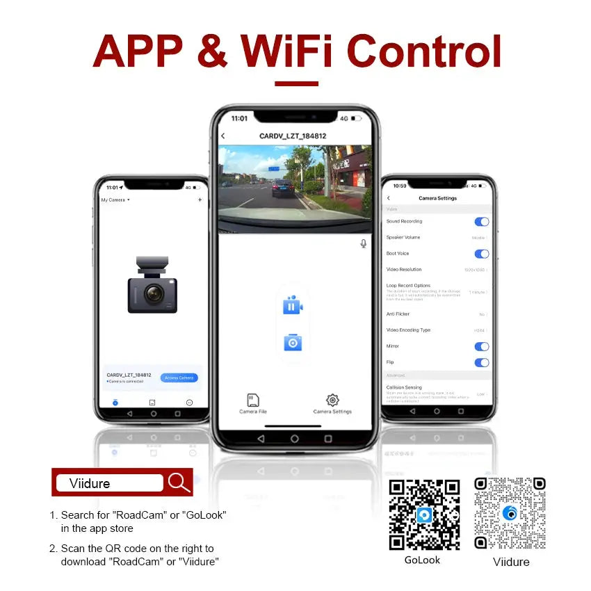 Simples Market 4K WiFi dash cam for Volvo/Polestar cars with app control; three smartphone screens