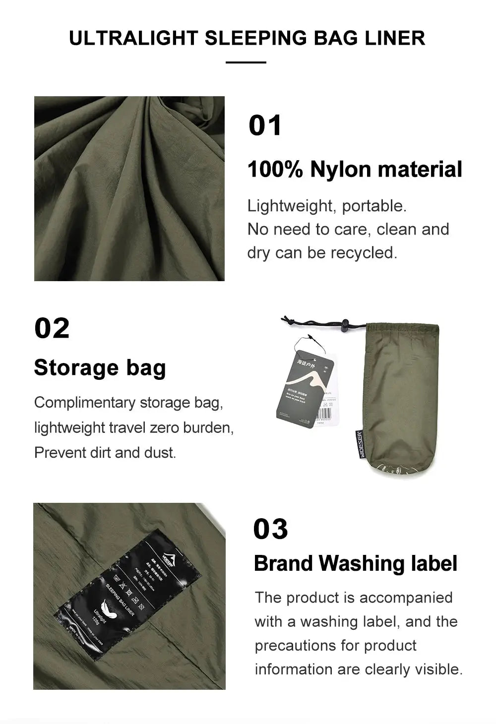 Simples Market ultralight nylon sleeping bag liner in olive green with storage bag