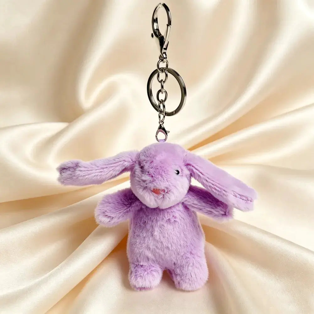 Purple plush bunny keychain with metal ring and lobster clasp