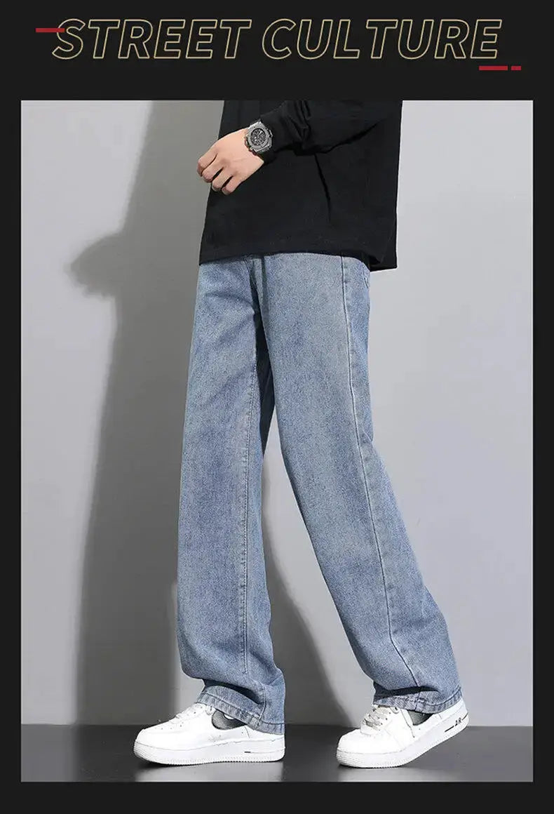 Korean men's casual long jeans, light blue solid denim with a wide-leg fit by Simples Market