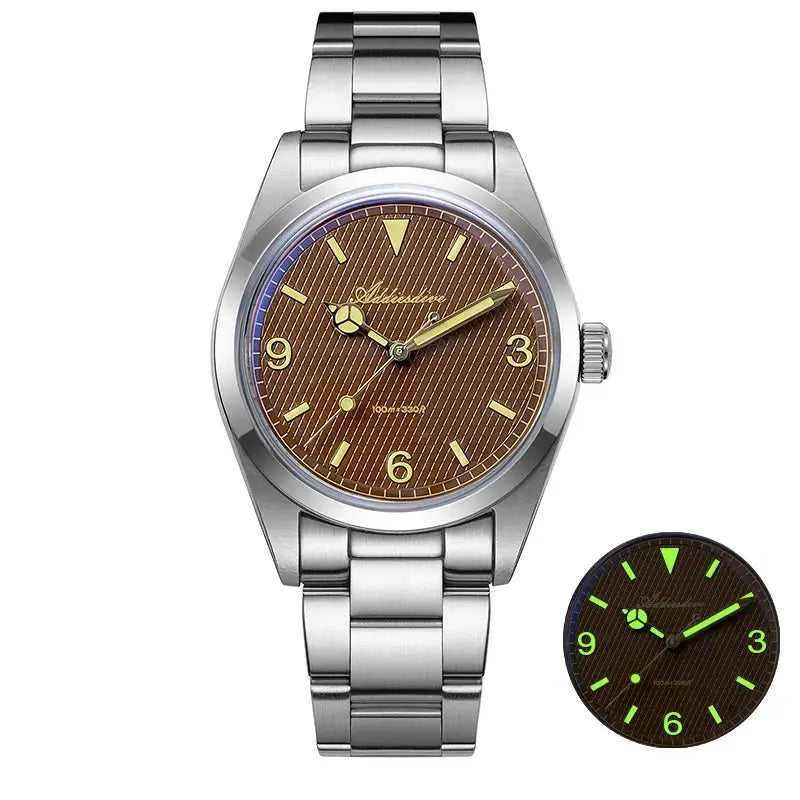 ADDIESDIVE men's analog watch with brown textured dial and stainless steel bracelet