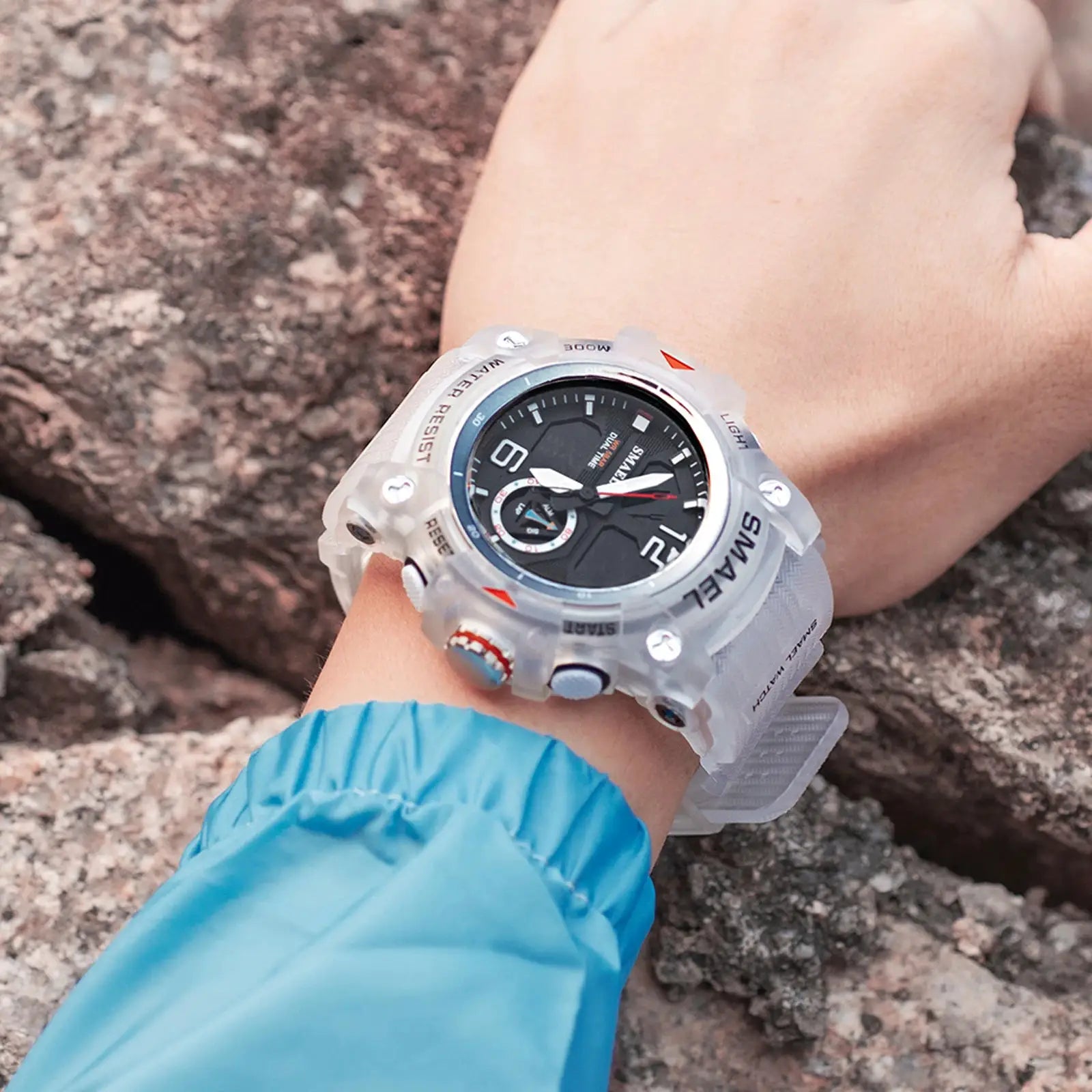 SMAEL sport watch for men with translucent white strap and black dial, rugged military-style