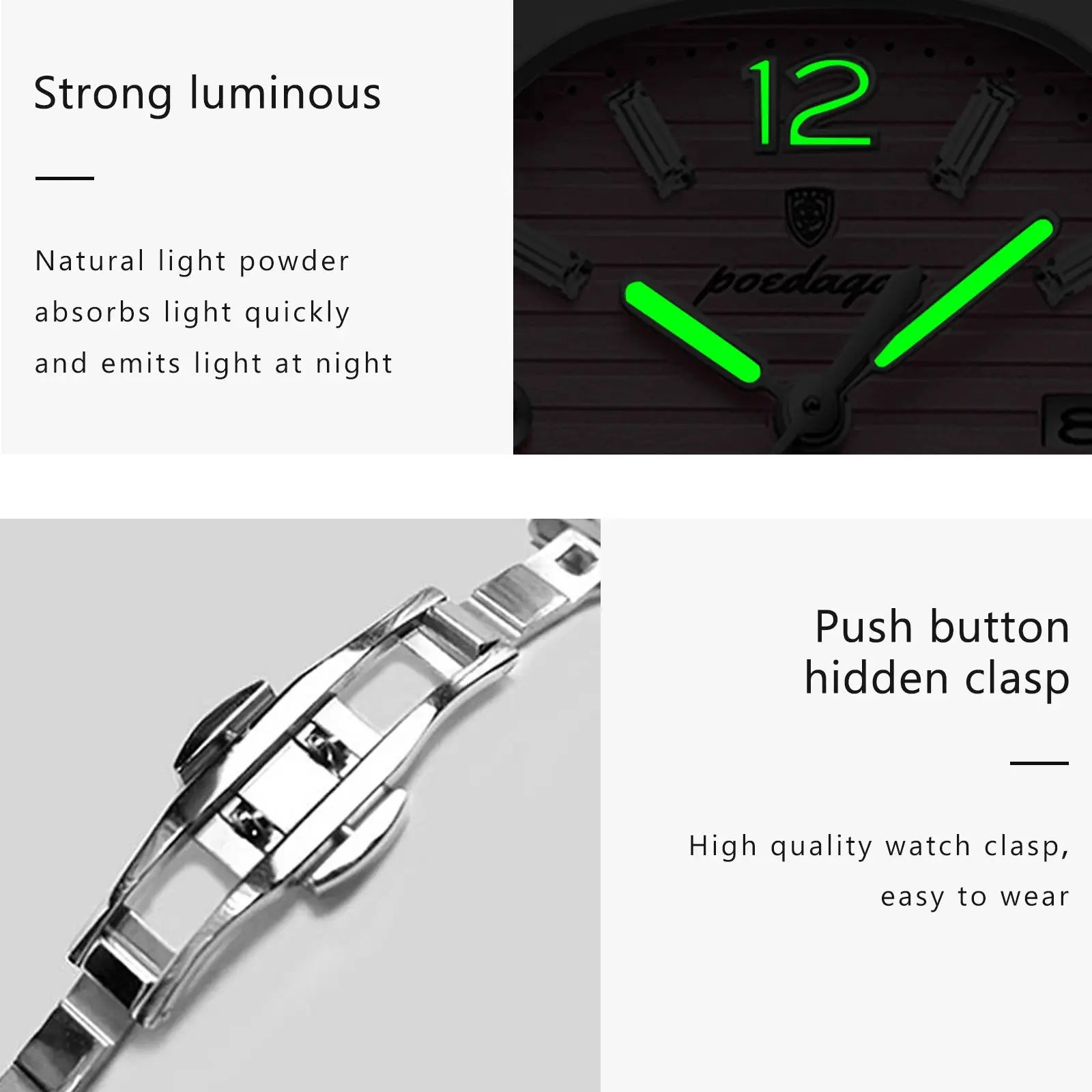 POEDAGAR square women's wristwatch by Simples Market with luminous green hands and waterproof quartz movement