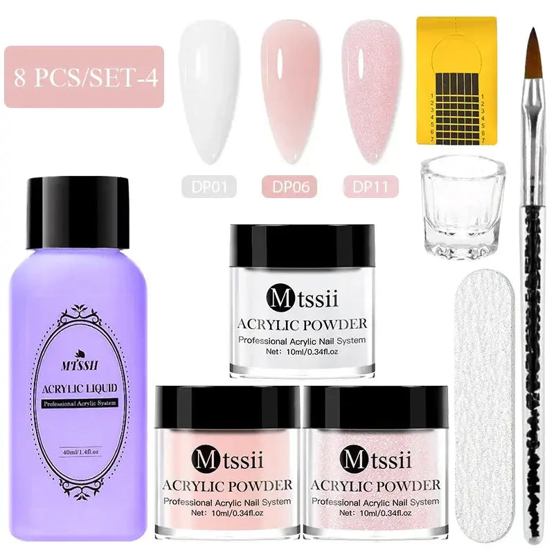MTSSII acrylic powder nail system set with 3 powder jars, purple monomer liquid, brush, file, and swatches