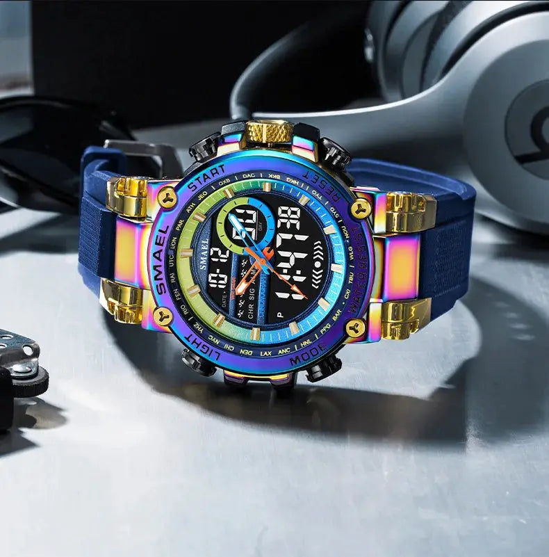 SMAEL 8141 men's digital sport watch with alloy case and blue TPU strap, multifunctional timer and 50m water resistance