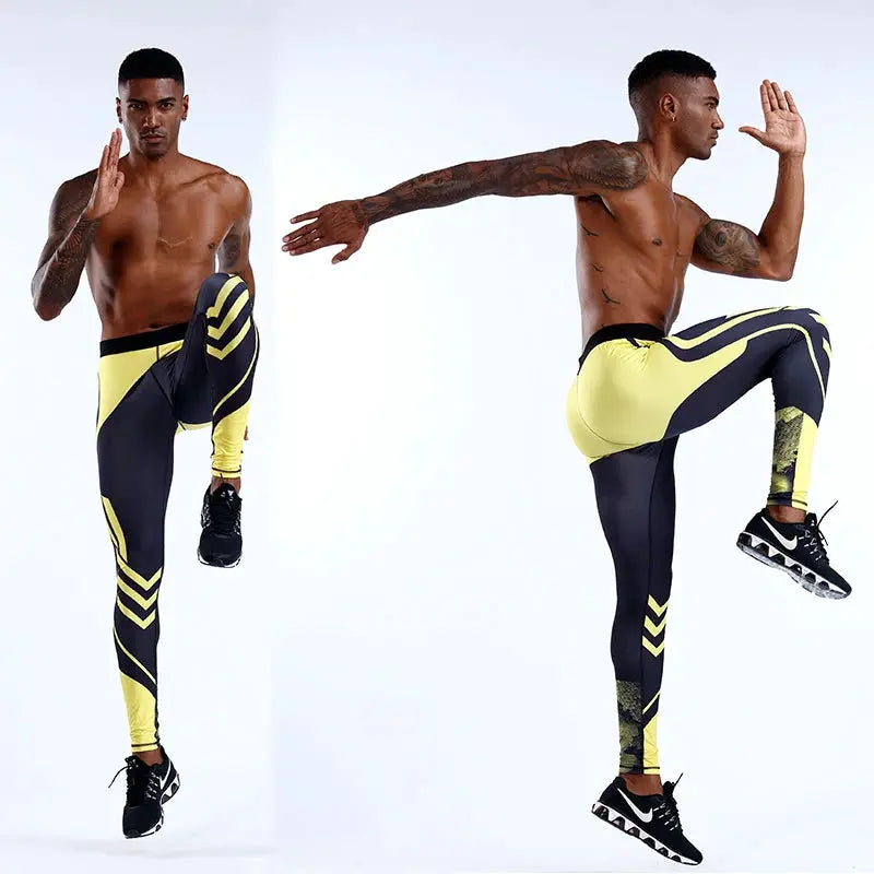 Men's compression pants by Simples Market in black and yellow, athletic gym tights for running and training.