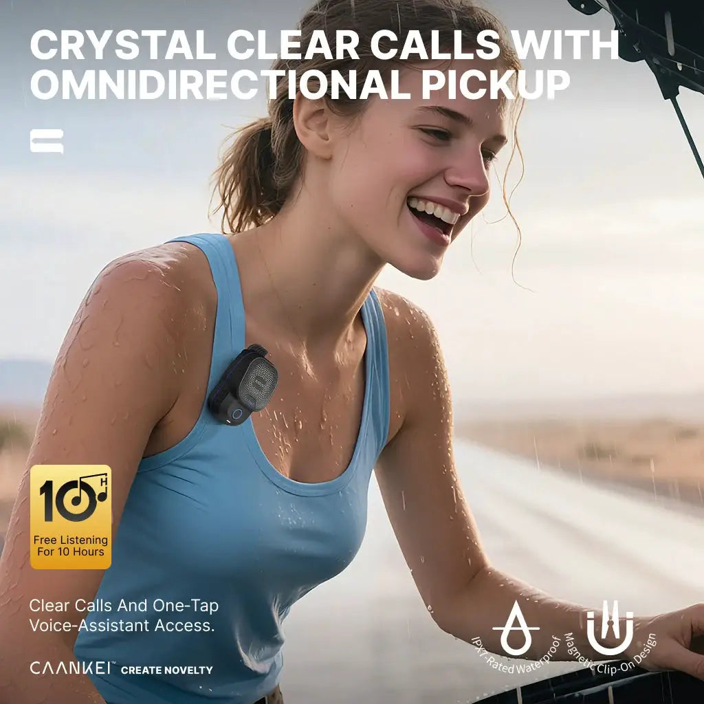 Wearable Bluetooth speaker clip-on, IPX7 waterproof, black compact sound box with CAANKEI logo worn on blue athletic top