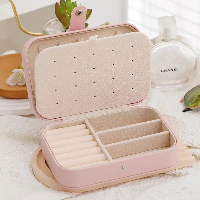 VoyageLux Leather Portable Jewelry Storage Box Travel Organizer For Earrings Necklaces Rings Case