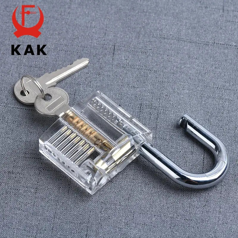 KAK transparent practice padlock with keys, clear body reveals pins and metal shackle, 80x50mm locksmith training tool