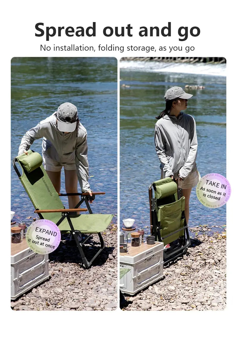BISINNA camping folding chair with detachable pillow, green fabric and armrests; portable for beach and hiking.