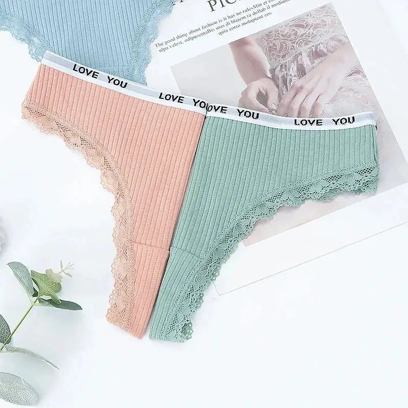 3-piece lace thong underwear set in peach, mint, and blue with lace trim and white waistband