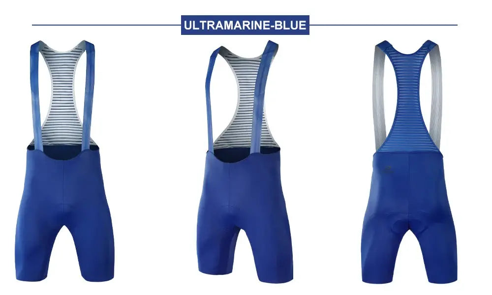 DAREVIE men's cycling bib shorts in ultramarine blue, seamless 4-way stretch, shown in three angles