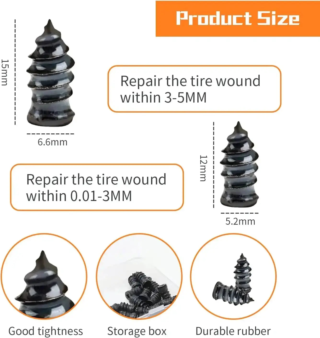Simples Market tire repair rubber nails for auto and motorcycle punctures; two black rubber screws with storage box