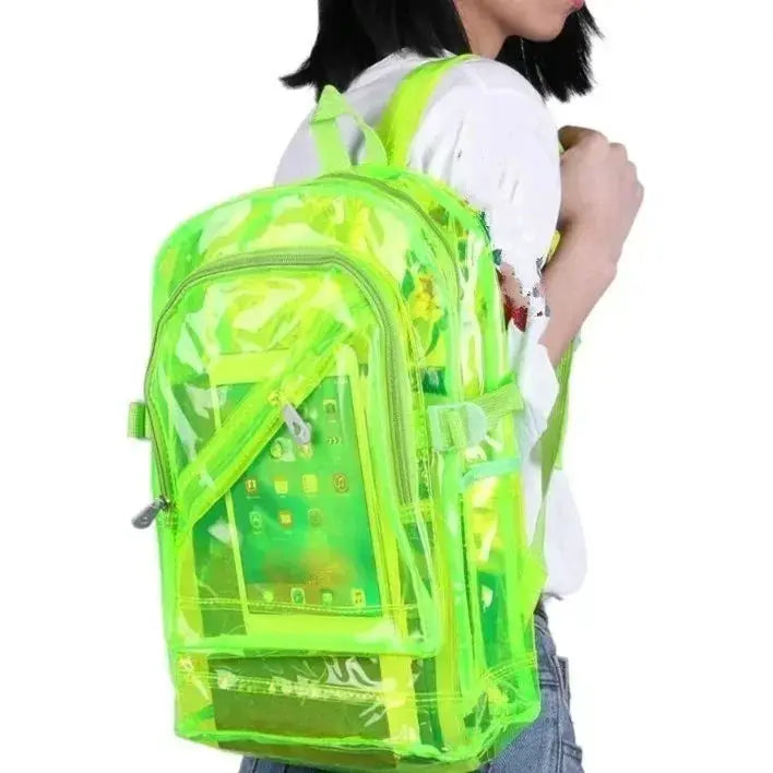 Backpack clear neon-green PVC with multiple zip compartments; teen school bag