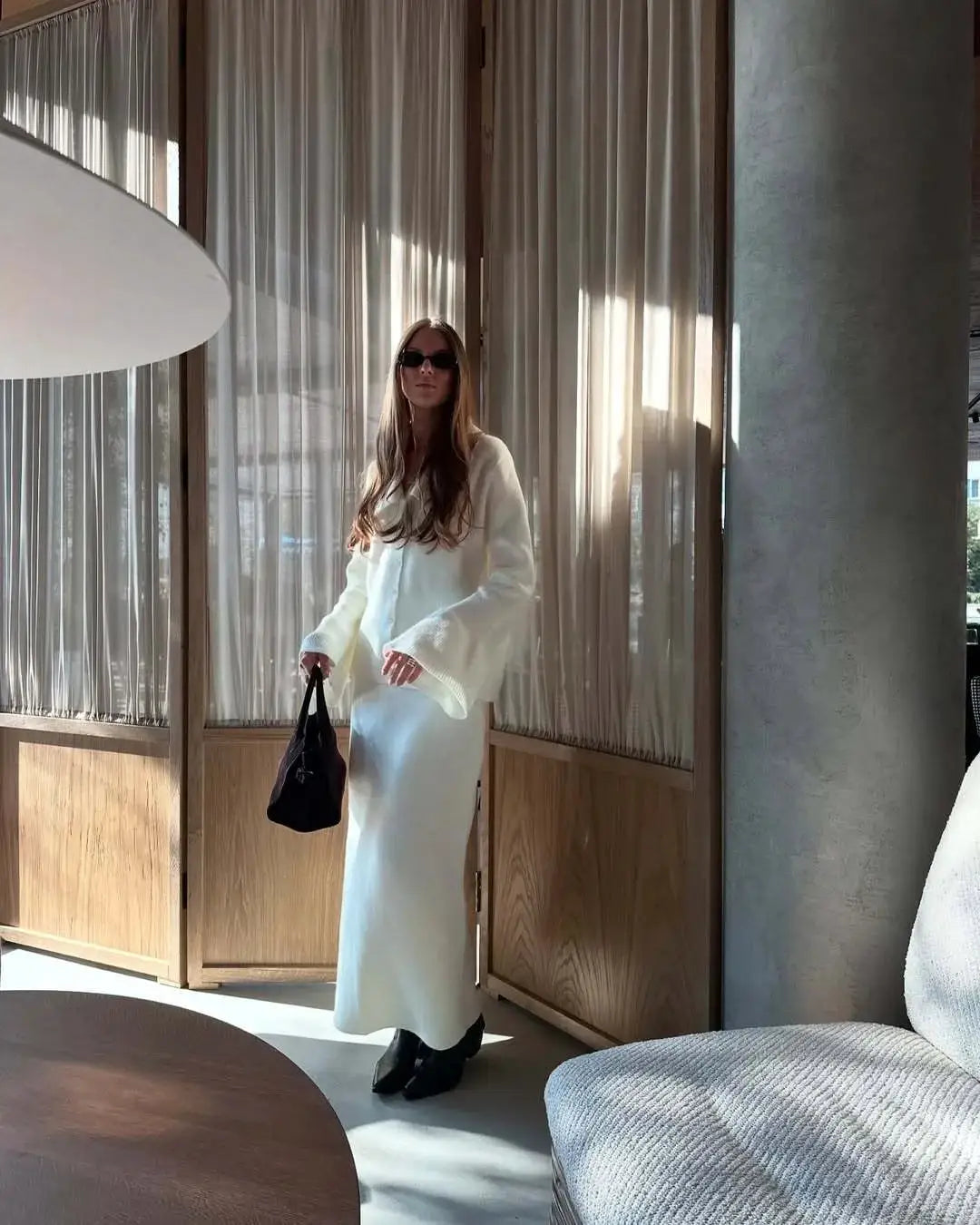 Hirsionsan Two Piece Set Women Polo Neck Cardigan And Midi Dress