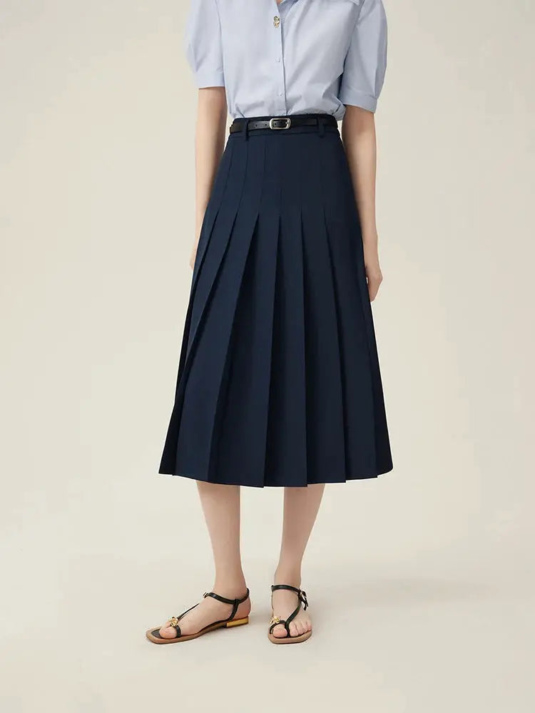 Women's navy blue pleated long skirt with zip waist, office-ready