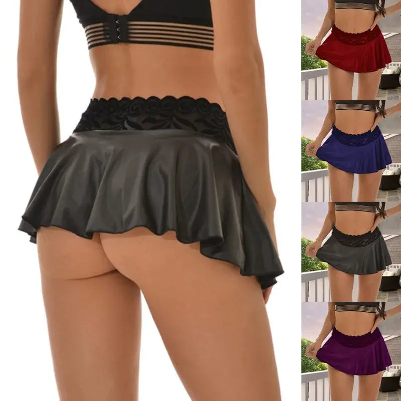 Mini pleated skirt for women black faux leather with lace waistband, high waist, shiny finish; available in five colors.