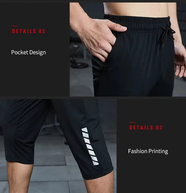 SONECHOKI black calf-length men's running pants with white side print and pocket design