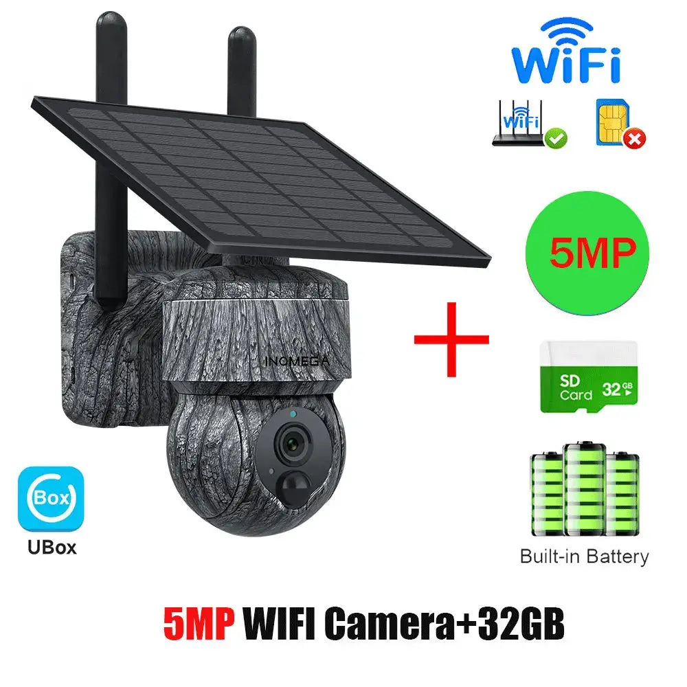 INQMEGA 5MP WIFI PTZ solar CCTV camera with solar panel, built-in battery, two-way audio and 32GB SD card
