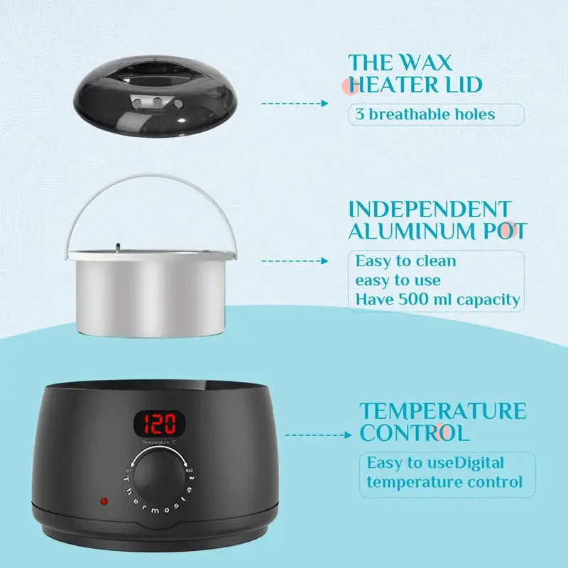 Wax heater 3-piece set by Simples Market, 500ml aluminum pot with lid and digital temperature display.
