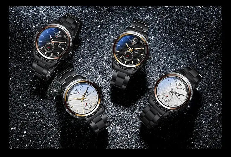 SKROX sapphire stainless steel automatic men's watches, set of 4 with black steel bands and blue, white, gray dials.