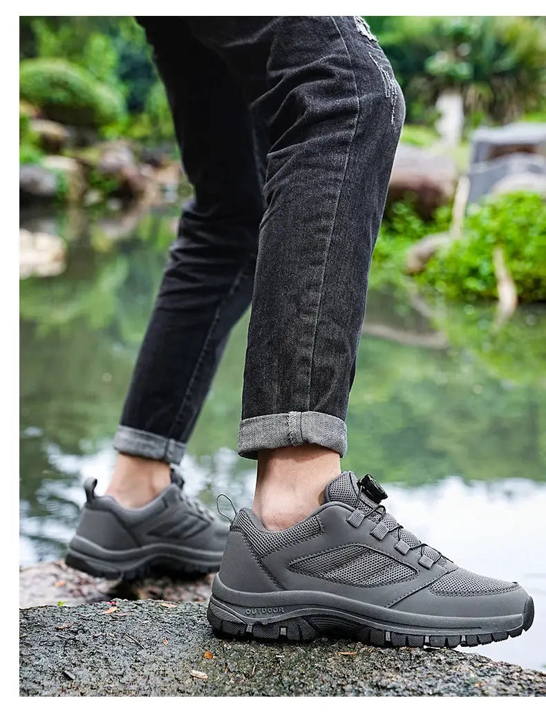Men's outdoor sports shoes in gray with rotating buckle and anti-slip sole