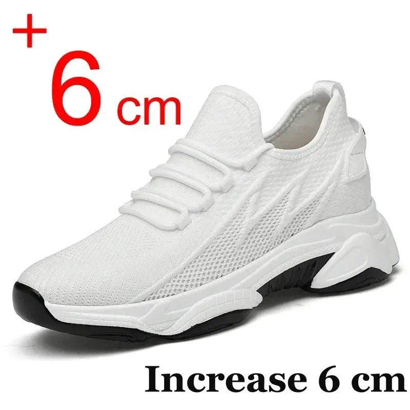 White men's sneakers with 6 cm height increase, breathable mesh upper, casual elevator shoes