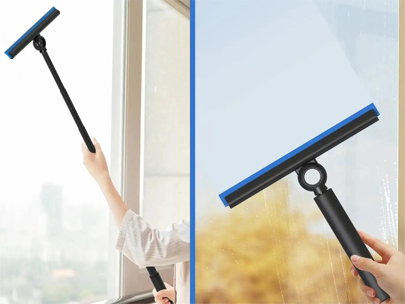 EHOMGUI shower squeegee with telescopic handle, black with blue edge, for glass doors and mirrors
