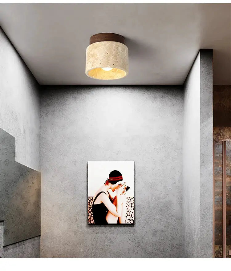 Led ceiling lamp, round stone-wood finish, surface-mounted downlight for living room.