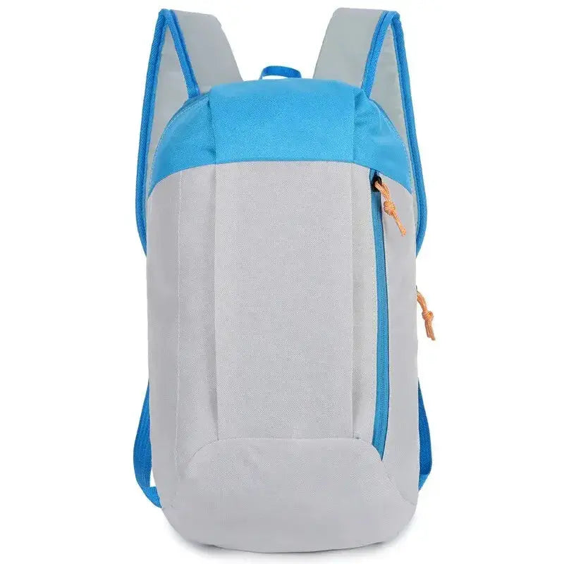 Men's outdoor lightweight small sports backpack, blue and gray with orange zipper pulls