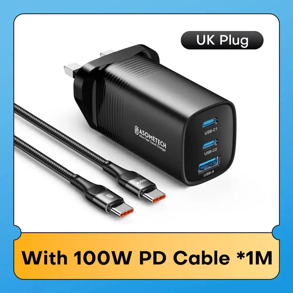 ASOMETECH GaN USB-C charger with UK plug; 3 ports USB-C1, USB-C2, USB-A; includes 100W PD cable 1m