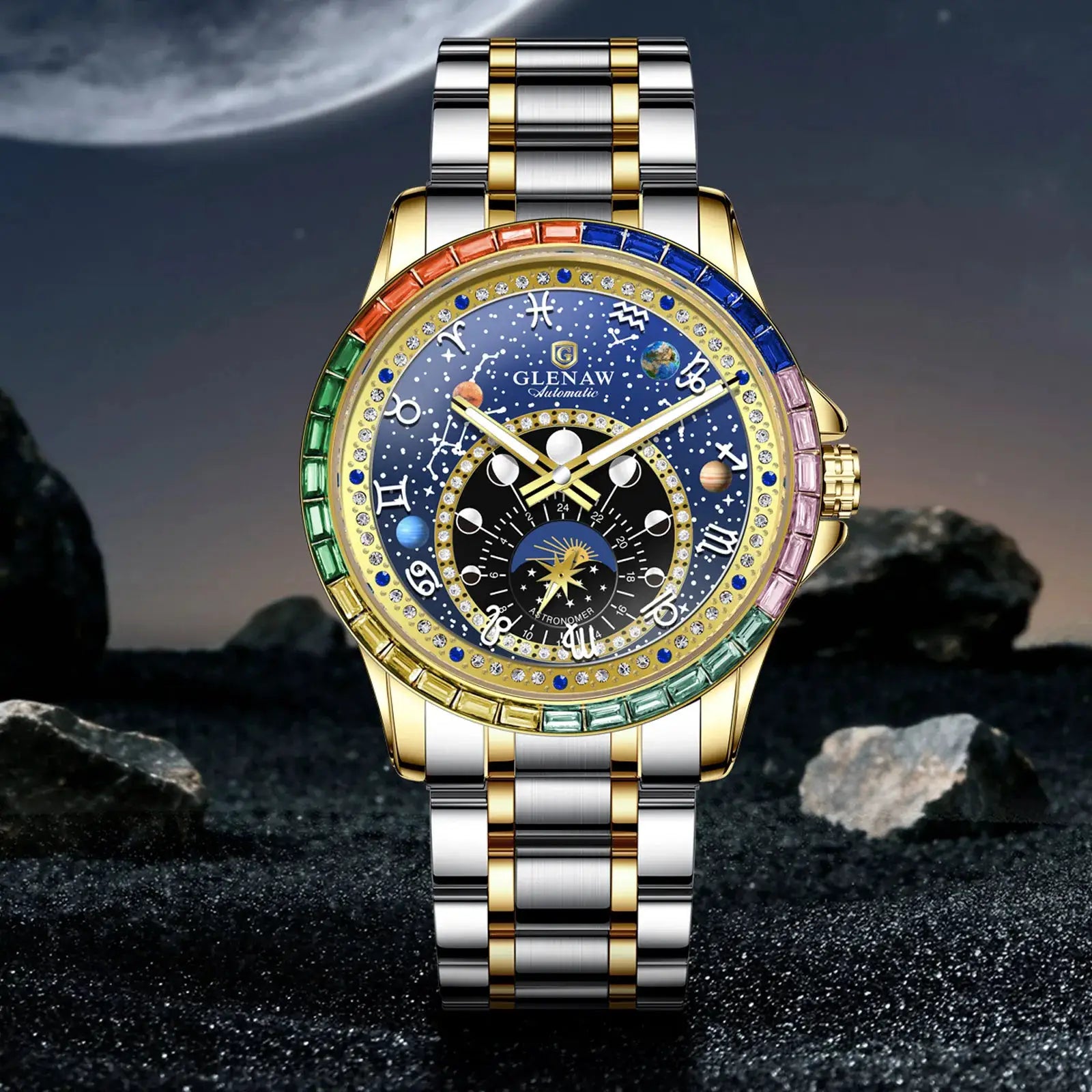 GLENAW Rainbow Circle mechanical watch with constellation dial and rainbow gemstone bezel, gold and silver bracelet