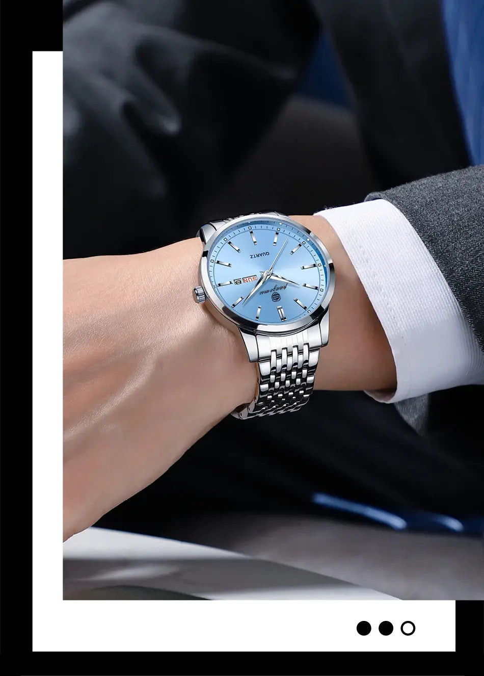 PAAZOMU men's stainless steel wristwatch with light blue dial and date window