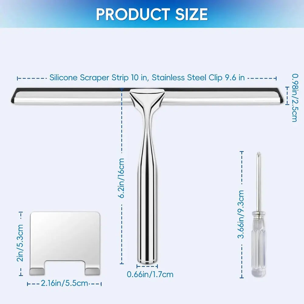 Simples Market chrome silicone squeegee set with wall-mount holder and screwdriver, 3-piece bathroom glass cleaning kit