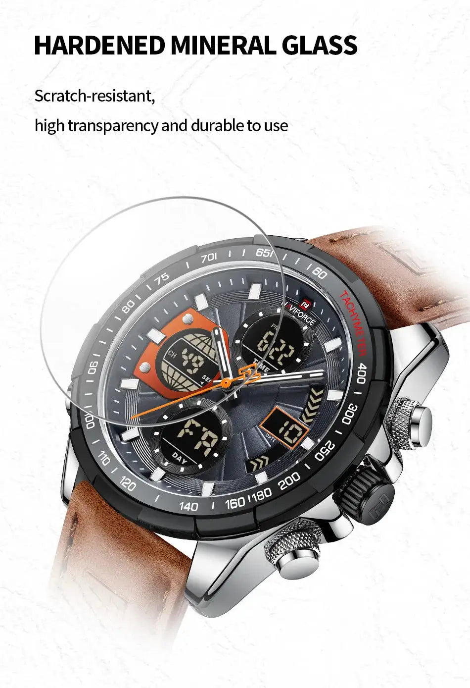 Naviforce men's sport watch with brown genuine leather strap, stainless steel case and dual-display dial.